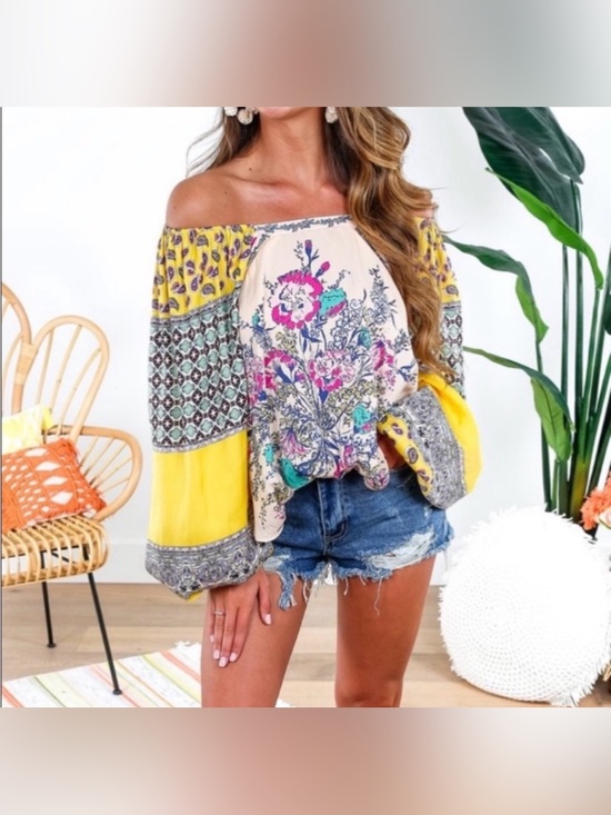 Free People Tops - Free People Positano Printed Blouse Sz XS Peach Floral Off Shoulder Boho Y2K